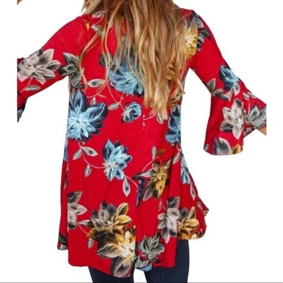 Floral Tunic Top Women Size Medium Summer Red Tropical Bell Sleeve Flowy - Picture 6 of 11